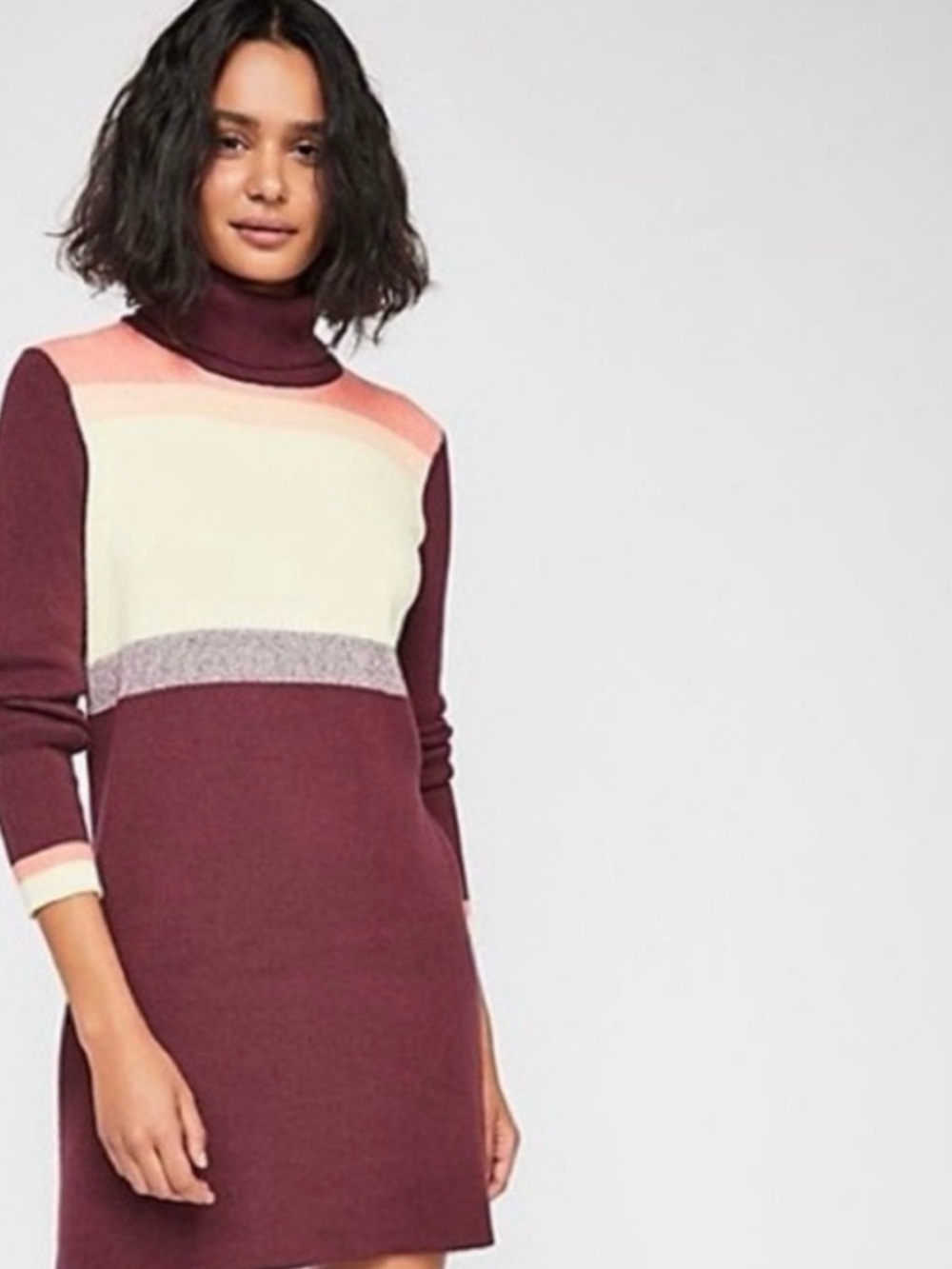 Free People Burgundy and Cream Striped Turtleneck Dress
